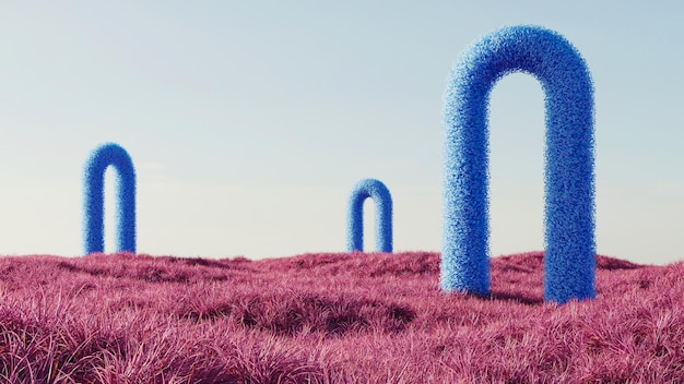 Paysage surréaliste avec des sculptures d'arcs vibrants bleus doux parmi un champ d'herbe rouge rose violet.