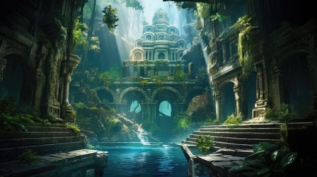 Un paysage surréaliste d'un temple avec une cascade et un pont en arrière-plan.