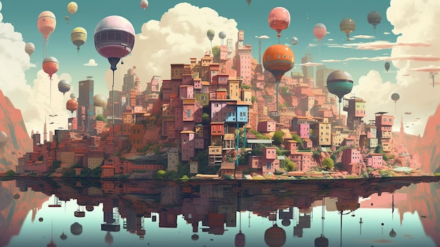 Un paysage surréaliste avec une ville à l'envers Concept fantastique Peinture d'illustration AI générative