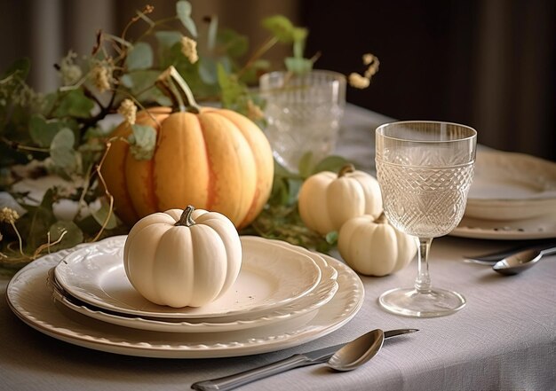 Paysage de table d'automne avec mini citrouilles blanches assiettes en céramique bougies et serviettes