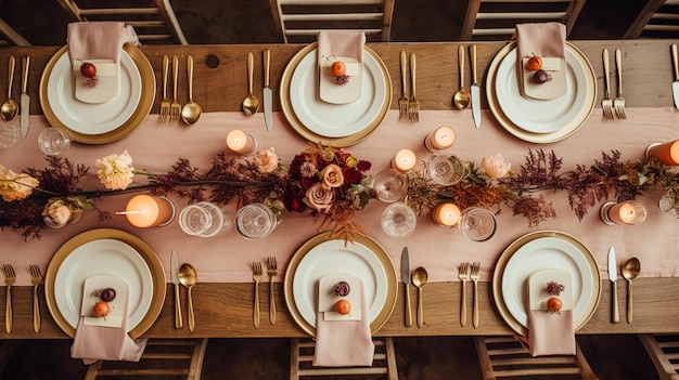 Paysage de table de vacances d'automne, table de dîner formelle, paysage de table avec un élégant décor floral automnal pour une idée de décoration de fête de mariage et d'événement