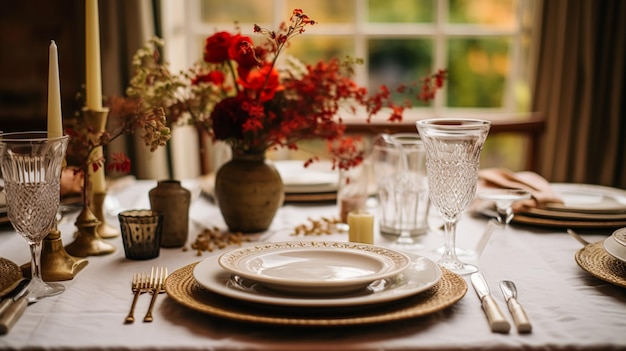 Paysage de table de vacances d'automne, table de dîner formelle, paysage de table avec un élégant décor floral automnal pour une idée de décoration de fête de mariage et d'événement