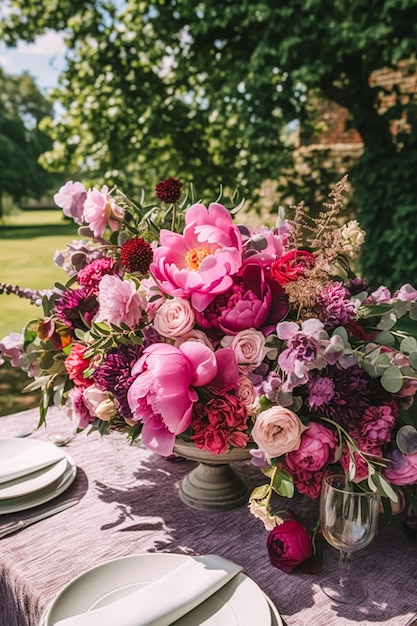 Paysage de table de vacances cadre de table de dîner formel paysage de table de pivoine rose avec décoration de pivoines pour la fête de mariage et la célébration de l'événement générative ai