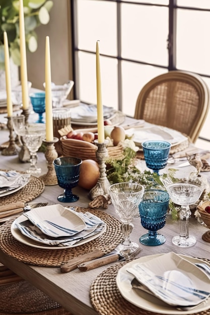 Paysage de table de vacances avec des détails bleus table de dîner formelle cadre de table avec décoration pour la fête de mariage et la célébration de l'événement post-traité générative ai
