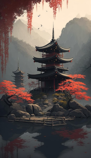 Photo paysage de temple japonais