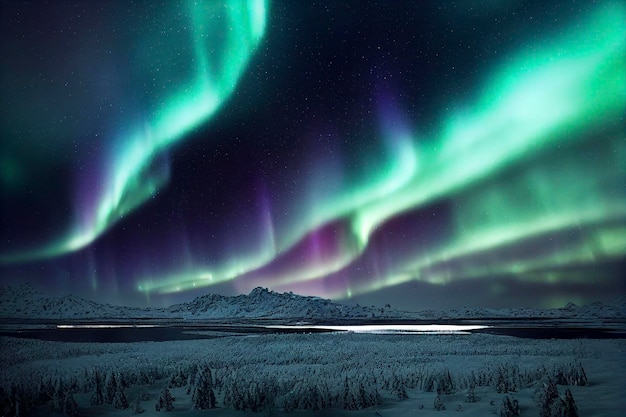 Paysage terrestre de nuit avec des aurores boréales dans le ciel