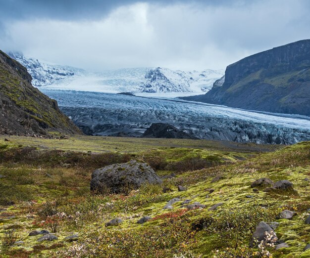 Paysage de toundra d'automne en Islande près du glacier Haoldukvisl La langue du glacier islandais glisse de la calotte glaciaire Vatnajokull ou du glacier Vatna près du volcan sous-glaciaire Esjufjoll Non loin de la rocade islandaise