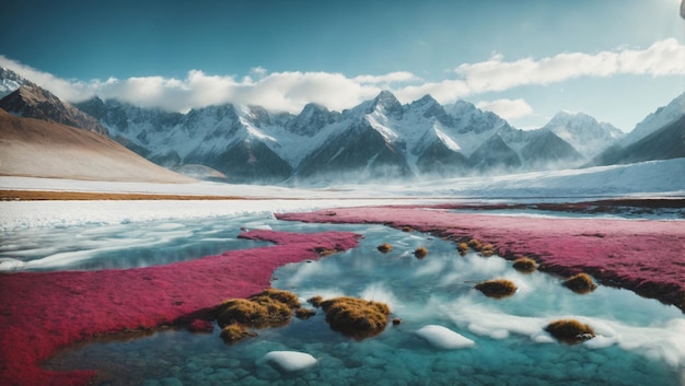 Paysage de toundra avec fond de montagne enneigée