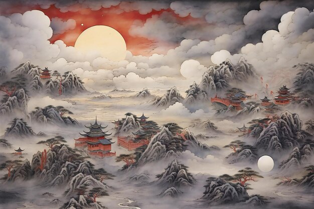 Paysage traditionnel chinois avec des nuages de lune et des pagodes