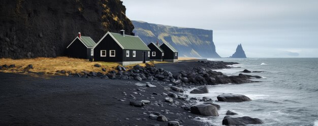 Paysage traditionnel islandais avec maison paysage de lave verte de sable noir ai génératif