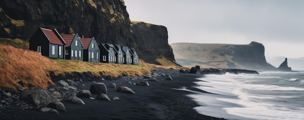 Paysage traditionnel islandais avec maison paysage de lave verte de sable noir ai génératif