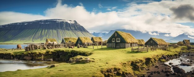 Paysage traditionnel islandais avec maison paysage de lave verte de sable noir ai génératif