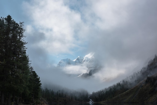 Paysage tranquille avec un château de neige dans les nuages et un lac alpin Un ruisseau de montagne coule des collines forestières dans un lac glaciaire Des montagnes enneigées dans la brume Une petite rivière et des conifères dans des nuages bas