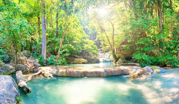 Paysage tropical avec de belles cascades de cascades et d'arbres verts dans la forêt sauvage de la jungle du parc national d'Erawan Kanchanaburi Thaïlande