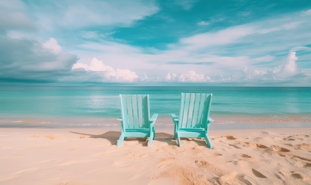 Paysage tropical avec chaises longues de la plage Vacances sur une île magnifique Pour carte d'illustration de livre de carte postale de bannière Créé avec des outils d'IA génératifs