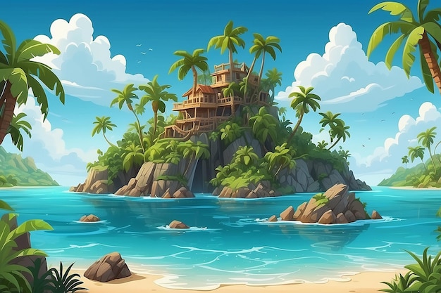 Photo paysage tropical avec une île dans l'océan inhabitée île pirate secrète avec des palmiers de plage