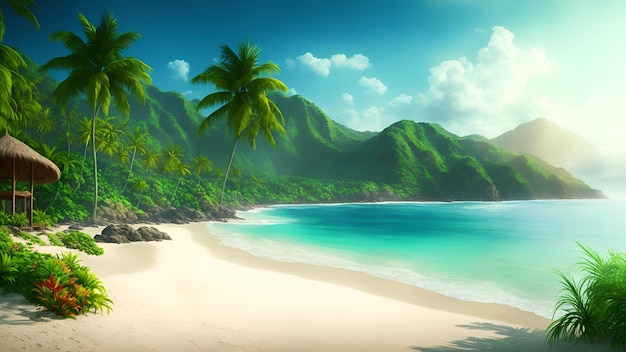 Paysage tropical luxueux avec une plage au bord de la mer le matin au lever du soleil Génération AI