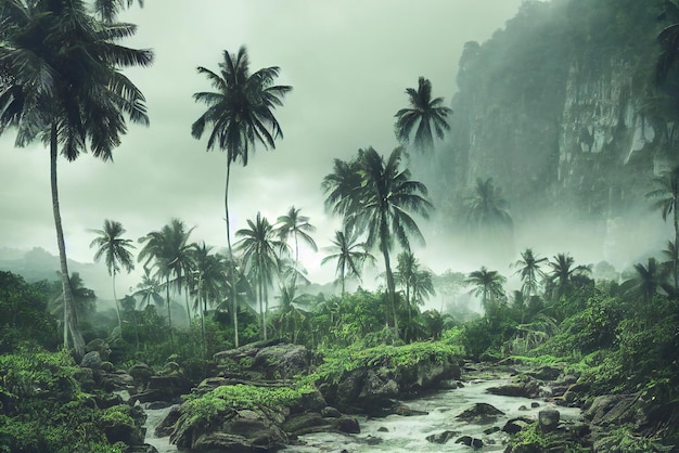 paysage tropical luxuriant avec de vieilles ruines de pierre dispersées