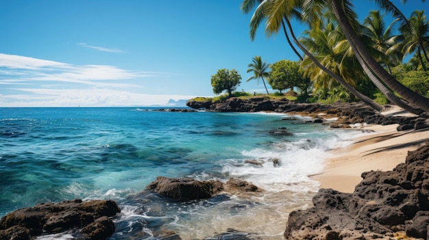 un paysage tropical avec des palmiers et une mer bleue