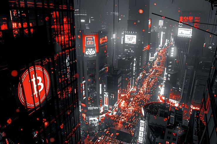 Photo un paysage urbain animé avec le logo bitcoin affiché sur un gratte-ciel photo de fond de l'affiche tendance