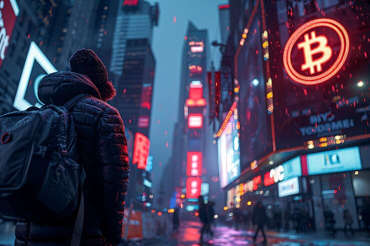 Photo un paysage urbain animé avec le logo bitcoin affiché sur un gratte-ciel photo de fond de l'affiche tendance