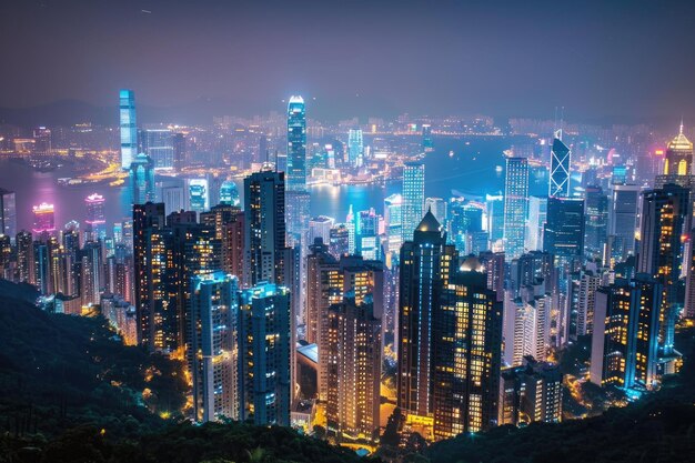 Un paysage urbain animé la nuit avec des lumières vibrantes