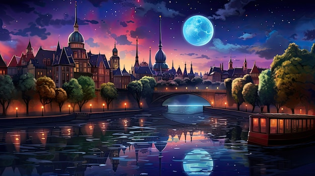 Photo un paysage urbain animé la nuit avec vue sur la rivière et reflets dans l'eau