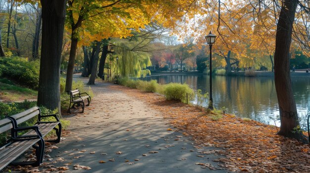 Photo un paysage urbain d'automne à couper le souffle avec des feuilles colorées couvrant un parc urbain paisible