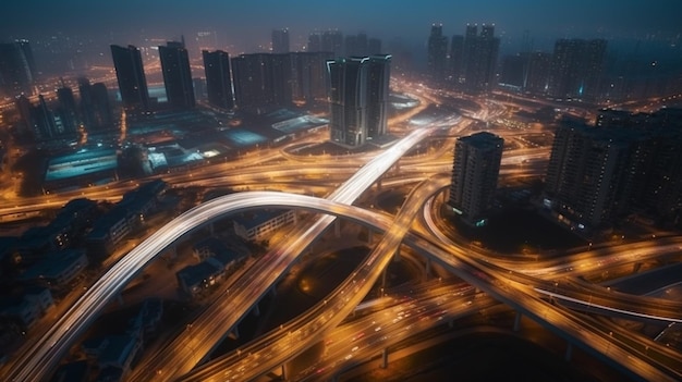 Un paysage urbain avec une autoroute et une lumière dessus