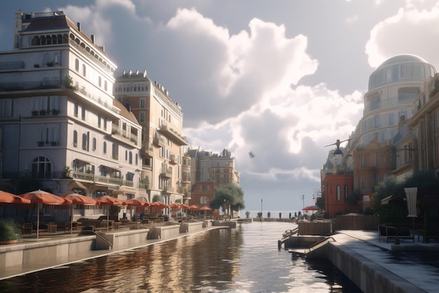 Un paysage urbain avec un bâtiment et un pont avec un panneau qui dit " le mot " dessus. "