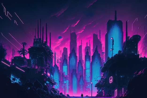 Photo le paysage urbain bleu néon et rose d'un futur cyberpunk la scène nocturne des superstructures modernes