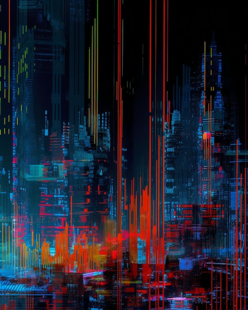 Un paysage urbain bleu et rouge avec les mots cyberpunk dessus.