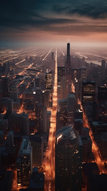 Paysage urbain de chicago au crépuscule avec des lumières de l'horizon Generative AI