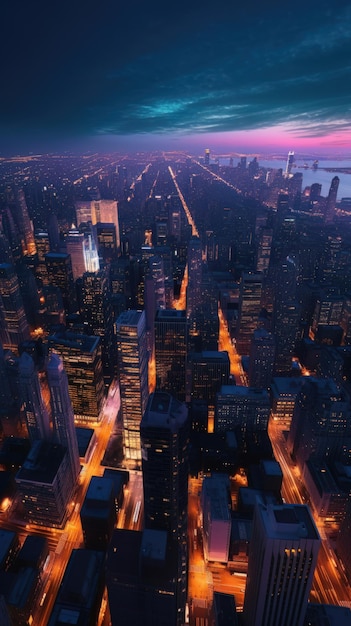 Paysage urbain de chicago au crépuscule avec des lumières de l'horizon Generative AI