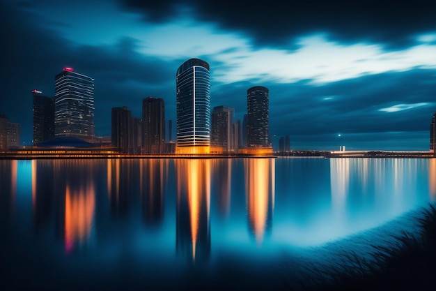 Un paysage urbain avec un ciel bleu et les lumières allumées