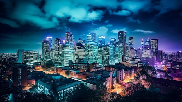 Un paysage urbain avec un ciel bleu et des lumières