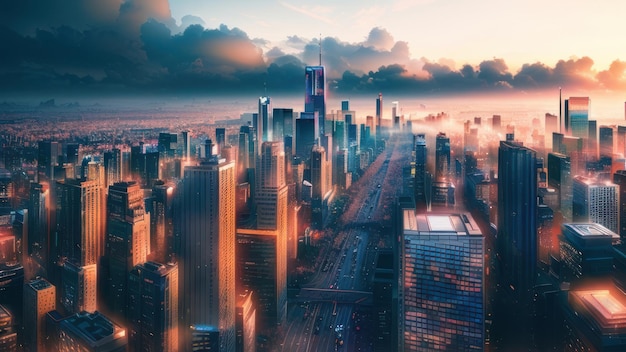 Un paysage urbain avec un ciel bleu et des nuages