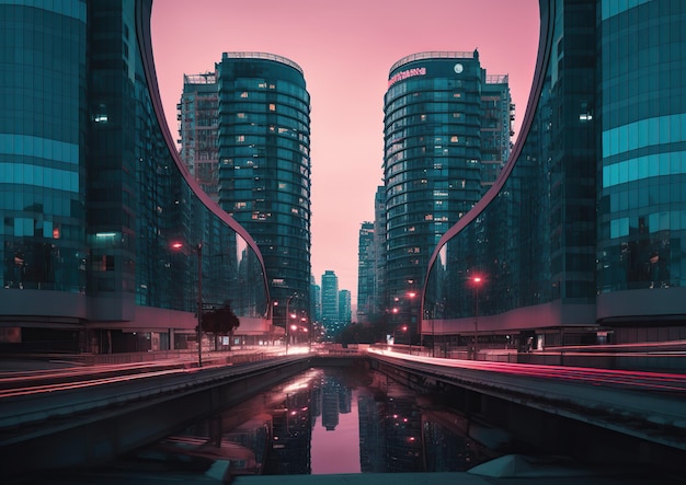 Un paysage urbain avec un ciel rose et le mot ville dessus