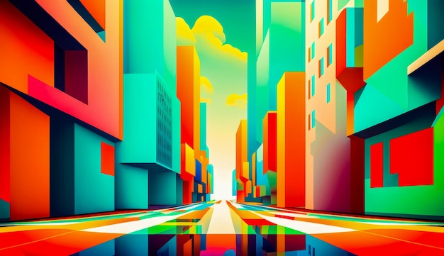 Paysage urbain coloré avec des bâtiments et reflet du ciel dans l'eau Generative AI
