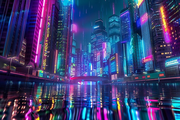 un paysage urbain coloré avec beaucoup de lumières au néon