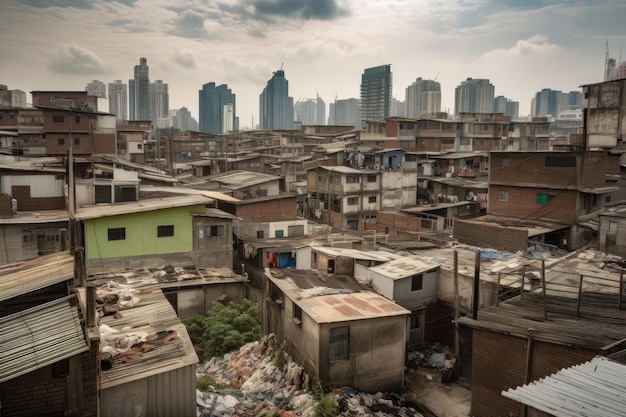 Paysage urbain contrasté de quartiers opulents et pauvres avec des gratte-ciel imposants