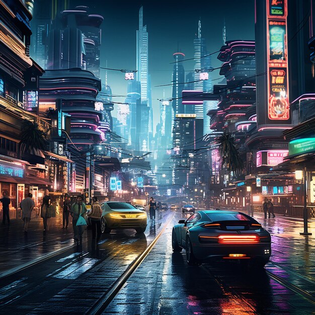 Un paysage urbain cyberpunk animé avec des néons volant en voiture rapide