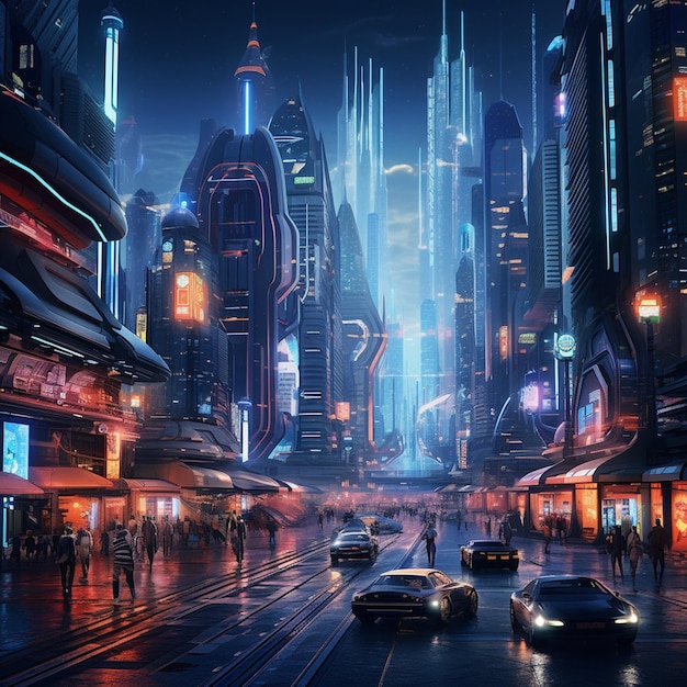 Un paysage urbain cyberpunk animé avec des néons volant en voiture rapide