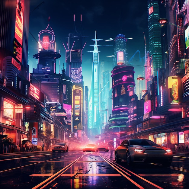 Un paysage urbain cyberpunk animé avec des néons volant en voiture rapide