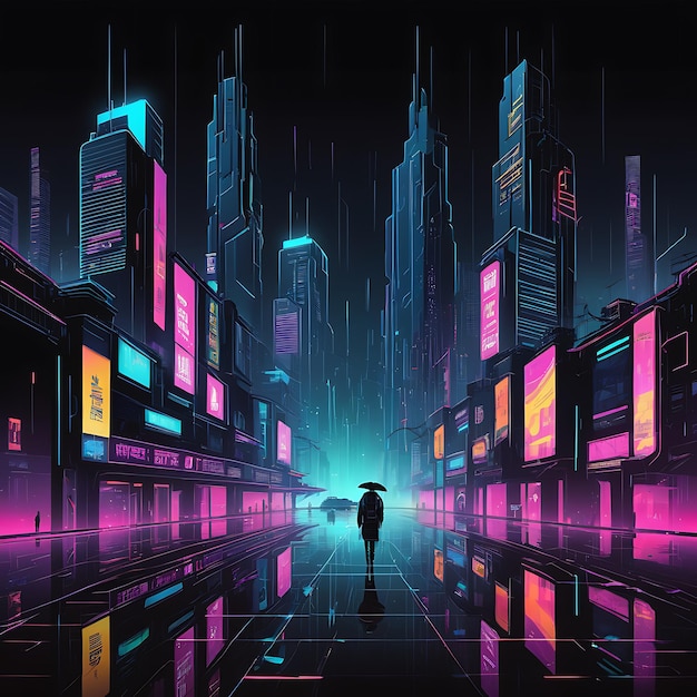 Le paysage urbain cyberpunk éclairé par des néons la nuit
