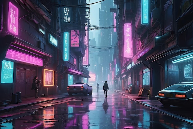 Photo le paysage urbain cyberpunk, les rues éclairées au néon, les publicités holographiques, les ruelles pluvieuses.