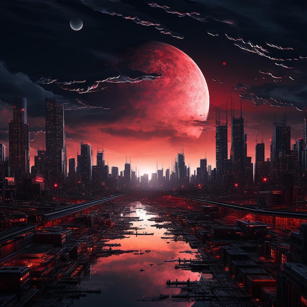Photo un paysage urbain cyberpunk sous une lune rouge sang