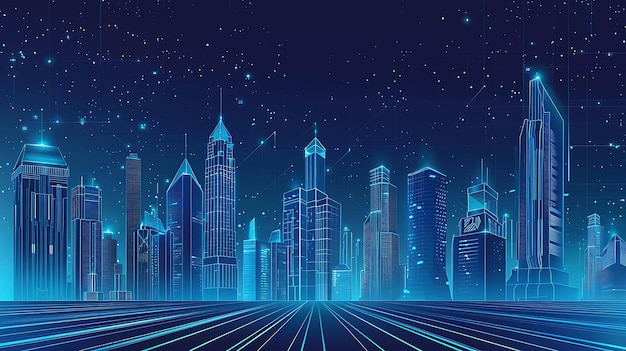 Le paysage urbain dans le style de Tron Bleu gratte-ciel au néon et les lumières de la ville sur un fond bleu foncé