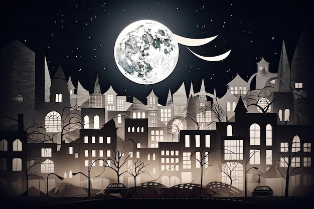 Paysage urbain découpé en papier la nuit avec des lampadaires lumineux et une pleine lune dans le ciel