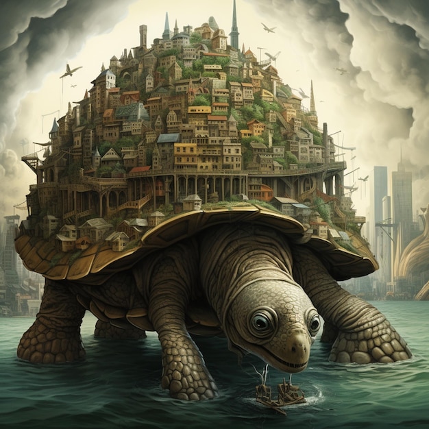 Un paysage urbain sur le dos d’une tortue géante